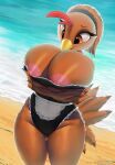  anthro avian beach big_breasts bird breasts cleavage clothed clothing female hi_res huge_breasts leotard ruthie_(grimmagent) seaside solo thousandfoldfeathers 
