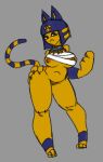  3_fingers animal_crossing ankha_(animal_crossing) anthro areola big_breasts blue_hair breasts chest_wraps claws curvy_figure domestic_cat felid feline felis female fingers genitals hair hand_on_hip hi_res jewelry mammal markings necklace nintendo nipples pussy solo standing stickface striped_markings striped_tail stripes tail_markings thick_thighs video_games wraps yellow_body 