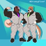  1:1 2021 abstract_background anthro barazoku beard belt big_muscles blue_background bottomwear bulge canid canine canis clothing domestic_dog duo eyewear facial_hair facial_piercing flexing footwear fur glasses grumpyfloof hair hi_res huge_muscles long_sleeves looking_at_another male mammal muscular muscular_anthro muscular_male necktie nose_piercing nose_ring pants piercing shirt shoes simple_background smile standing text topwear tuft url vest 