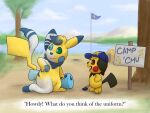  4:3 ambiguous_gender anthro baseball_cap camp clothing crizbn detailed_background duo english_text flag green_eyes hat headgear headwear meowstic nintendo pichu pikachu pok&eacute;mon pok&eacute;mon_(species) sign species_transformation text transformation video_games 