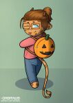  absurd_res anthro backpack blep blue_eyes bottomwear brown_hair chibi clothing denim denim_clothing eyewear food fruit giraffe giraffid glasses green_background hair halloween hi_res holidays hoodie jeans long_tail looking_at_viewer male mammal one_eye_closed orbitalis pants pink_clothing pink_hoodie pink_topwear plant pumpkin rear_view simple_background solo spots spotted_body text tongue tongue_out topwear url wink 