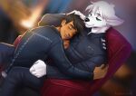  anthro black_hair black_nose chair clothed clothing digital_media_(artwork) embrace eyebrows eyelashes eyes_closed fur furniture green_eyes hair hug human kammi-lu male male/male mammal romantic romantic_ambiance shaded smile sofa teeth white_body white_fur white_hair 