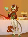  absurd_res anthro apple_(fruit) asian_mythology autumn_blaze_(mlp) beverage bottomless brown_mane cake chinese_mythology clothed clothing container cup dessert dipstick_ears east_asian_mythology eyelashes featureless_crotch female fingerless_(marking) food friendship_is_magic fruit furniture gift hasbro hi_res holding_object hooves kirin looking_at_viewer mane multicolored_ears my_little_pony mythology plant smile smiling_at_viewer solo standing table tea tea_cup topwear unguligrade_anthro vest yanisfucker 