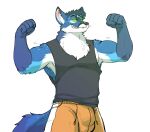  anthro atlas bottomwear bulge canid canine clothing flexing flexing_bicep flexing_muscles fox fur gym_bottomwear gym_clothing gym_shorts hi_res hyenaface hypnosis hypnotic_eyes jock male mammal mind_control muscle_tone muscular muscular_anthro presenting raised_arms shirt shorts showing_teeth smug smug_face solo spiral_eyes tank_top topwear 