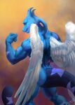  2021 anthro athletic athletic_anthro biceps big_muscles blue_body blue_eyes blue_skin cadwing digital_media_(artwork) dimonis flexing flexing_bicep flexing_muscles hi_res humanoid male mammal muscular muscular_anthro muscular_male nintendo nude pinup pok&eacute;mon pose signature simple_background smile solo video_games watermark wings 