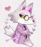  &lt;3 abstract_background ambiguous_gender animal_crossing anthro biped black_nose blue_clothing blue_shirt blue_topwear brown_eyes canid canine canis chibi clothed clothing crossed_arms eyewear fang_(animal_crossing) fluffy fluffy_tail front_view full-length_portrait fur glasses glistening glistening_eyes grey_body grey_clothing grey_fur grey_shirt grey_topwear half-closed_eyes head_tuft kemono leg_markings looking_at_viewer male_(lore) mammal markings monotone_tail multicolored_body multicolored_fur n_kamui narrowed_eyes nintendo pattern_clothing pattern_shirt pattern_topwear pince-nez plaid plaid_clothing plaid_shirt plaid_topwear portrait purple_inner_ear shirt simple_background sitting smile smirk snout socks_(marking) solo three-quarter_view topwear tuft two_tone_body two_tone_fur video_games white_background white_body white_fur wolf yellow_sclera 