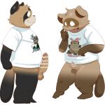  1:1 2021 absurd_res anthro balls big_penis black_body bodily_fluids brown_body canid canine censored clothing duo erection genitals hi_res humanoid_genitalia humanoid_hands humanoid_penis kemono male mammal overweight overweight_anthro overweight_male penis raccoon_dog shirt simple_background siretoko_panda size_shaming small_penis sweat tanuki topwear white_background young 