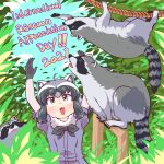  1:1 2021 animal_humanoid arai-san biped black_body black_nose clothed clothing cute_fangs detailed_background english_text feral grey_body group hi_res humanoid humanoid_hands international_raccoon_appreciation_day kemono_friends mammal mammal_humanoid outside paws plant procyonid procyonid_humanoid raccoon raccoon_humanoid sitting text tree umikazenet3 