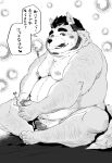  2021 anthro belly blush canid canine canis domestic_dog erection genitals hi_res humanoid_genitalia humanoid_hands humanoid_penis kemono male mammal mature_male monochrome moobs nipples overweight overweight_male penis shintatokoro sitting solo 