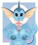  2021 anthro anthrofied areola belly beverage big_areola big_breasts big_nipples black_eyes black_nose blue_body blue_sclera breast_squeeze breasts canid eeveelution eyelashes female glass happy hi_res holding_breast looking_at_viewer mammal multicolored_body nintendo nipples nude pok&eacute;mon pok&eacute;mon_(species) pok&eacute;morph simple_background slightly_chubby slush smile solo vaporeon vaquita_shoujo video_games 