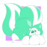  1:1 absurd_res anthro arizonathevixen big_breasts big_butt breast_squish breasts butt curvaceous curvy_figure eyelashes facial_piercing female fluffy fluffy_tail fur green_body green_fur hair hi_res huge_breasts huge_butt huge_thighs hyper jack-o&#039;_pose lavender_(arizonathevixen) looking_back mammal mephitid nose_piercing nose_ring open_mouth overweight overweight_anthro overweight_female piercing pose simple_background skunk smile solo squish striped_skunk thick_thighs voluptuous white_hair 