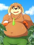  2021 absurd_res anthro belly black_nose blush bodily_fluids bottomwear brown_body clothing cloud eyewear glasses hat headgear headwear hi_res humanoid_hands kemono lifewonders male mammal moobs navel outside overweight overweight_male pants solo sweat tokyo_afterschool_summoners towel towel_around_neck ursid video_games volos yaki_atsuage 