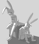  2021 agidyne anthro barefoot clothing cousins cube_(object) duo eye_contact feet female footwear head_tuft hi_res hoodie lagomorph looking_at_another male mammal monochrome rose_(agidyne) shoes shoulderless_shirt simple_background sitting slouching stephen_(agidyne) topwear tuft uwu 