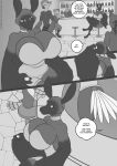  anthro avian big_breasts bird bottomwear breasts chiropteran cleavage clothed clothing comic crossed_legs dialogue female freckles_(artist) huge_breasts male mammal monochrome pants pteropodid shirt topwear 