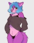  4:5 blue_hair blush bra bulge canid canine clothing crop_top fennec fox fur girly green_eyes hair litho_sandoval male mammal panties pink_body pink_fur purple_body purple_fur shirt shy simple_background snugsmuggg solo topwear underwear 