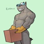  1:1 2021 anthro big_muscles box clothing container convenient_censorship english_text facial_hair gloves handwear hat headgear headwear holding_box holding_container holding_object horn jrjresq looking_at_viewer male mammal muscular muscular_anthro muscular_male nude number pecs rhinocerotoid simple_background smile solo standing stubble teeth text white_background 
