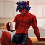  1:1 2021 5_fingers anthro blue_hair bulge canid canine chest_tattoo clothed clothing container cup digital_media_(artwork) fingers fur hair hi_res holding_object male mammal red_body red_fur seibear shirtless solo tattoo underwear 