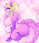  absurd_res anthro blonde_hair breasts butt canid canine cassielink digital_drawing_(artwork) digital_media_(artwork) exposed_breasts eyes_closed eyeshadow female fluffy fluffy_tail fox fur hair hi_res huge_filesize makeup mammal markings multi_tail neck_tuft nude pinup pose purple_background purple_body purple_fur simple_background sitting sketch solo tuft 
