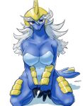 anthro anthrofied armor belly big_breasts blue_body breasts featureless_breasts featureless_crotch female fur hair headgear hi_res looking_at_viewer nintendo nipple_outline nude pok&eacute;mon pok&eacute;mon_(species) pok&eacute;morph red_eyes samurott simple_background snout solo spread_legs spreading video_games wantwo white_hair 