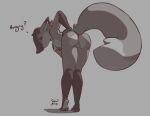  2021 anthro breasts butt canid canine chest_tuft dialogue english_text female fox genitals grey_background hair honey_(mewmus) leaning leaning_forward mammal mewmus nipples nude pawpads presenting presenting_hindquarters pussy simple_background smile solo text tuft 