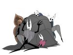  4:3 arthropod bodily_fluids cape clothing embrace female female/female godseeker group hollow_knight hollow_knight_(character) hornet_(hollow_knight) hug insect larger_female long_legs male male/female omnia-volo overweight overweight_female protagonist_(hollow_knight) size_difference smaller_male sweat team_cherry video_games 