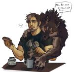  anthro beverage brown_body brown_fur canid canine canis claws clothing coffee dialogue english_text food fur glowing glowing_eyes hi_res human male mammal muscular muscular_male neck_tuft nmvsolidus simple_background stealth text tuft were werecanid werecanine werewolf wolf 