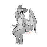  1:1 2021 anthro digital_media_(artwork) dragon enginetrap female hi_res horn looking_at_viewer membrane_(anatomy) membranous_wings monochrome nude open_mouth open_smile scalie simple_background sitting smile solo syl_(enginetrap) western_dragon white_background wings 