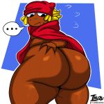  1:1 absurd_res big_butt blonde_hair bodily_fluids butt butt_grab butt_squish cape clothing everhood hair hand_on_butt hi_res humanoid inuzu male obese overweight red_(everhood) slightly_chubby solo squish sweat text thick_thighs url wooden_doll 