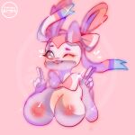  1:1 anthro anthrofied areola big_breasts breasts coelhinha_artes eeveelution female gesture nintendo nipples one_eye_closed pok&eacute;mon pok&eacute;mon_(species) pok&eacute;morph solo sylveon v_sign video_games wink 