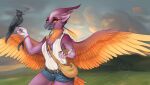  2021 ambiguous_gender anthro avian beak bird breasts clothed clothing day detailed_background digital_media_(artwork) duo feathered_wings feathers female feral melziszondi orange_body orange_feathers outside sky smile wings 