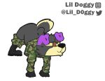  absurd_res ambiguous_gender anthro boots border_collie butt canid canine canis chibi clothed clothing collie combat_boots domestic_dog footwear gloves handwear herding_dog hi_res jack-o&#039;_pose lil_doggy_(artist) mammal military_uniform pants_down partially_clothed pastoral_dog pose purple_ears sheepdog solo uniform 