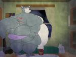  absurd_res anthro back_scar basicbiscuit beastars belly belly_overhang big_belly big_butt butt canid canine canis clothing facial_scar feet fur grey_body grey_fur hi_res hyper hyper_belly inside legoshi_(beastars) looking_back male mammal moobs morbidly_obese morbidly_obese_anthro morbidly_obese_male nipples obese obese_anthro obese_male overweight overweight_anthro overweight_male scar solo thick_thighs tuft underwear wolf 