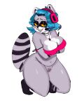  anthro big_breasts breasts collar eyewear female genitals glasses headphones hi_res highlights_(coloring) jishwalob joshi_raccoon lynraccoon mammal overweight pinup pose procyonid pussy raccoon simple_background slightly_chubby smile solo thick_thighs 