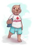  2018 absurd_res anthro barefoot brown_body brown_fur clothed clothing conditional_dnp digital_media_(artwork) elijah-draws feet fully_clothed fur head_tuft hi_res lifeguard mammal marine pinniped solo swimming_trunks swimwear tuft tusks walking walrus 