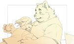  2021 5:3 anthro blush bodily_fluids canid canine canis clothing domestic_dog duo embrace eyes_closed hug humanoid_hands inunoshippo kemono male mammal overweight overweight_male shirt simple_background tears topwear 