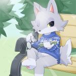 1:1 3_toes animal_crossing anthro bench biped black_eyes black_nose blue_clothing blue_sweater blue_topwear book bottomless canid canine canis cheek_tuft clothed clothing crotch_tuft day detailed_background digital_media_(artwork) evergreen_tree eyewear facial_tuft fang_(animal_crossing) feet fluffy fluffy_tail forest front_view full-length_portrait fur glasses grass grey_body grey_ears grey_fur grey_tail head_tuft hindpaw holding_book holding_eyewear holding_glasses holding_object humanoid_hands kemono leaf leg_markings light looking_at_viewer male mammal markings monotone_ears multicolored_body multicolored_fur nintendo one_eye_closed outside pawpads paws pine_tree pink_inner_ear pink_pawpads plant portrait reading reading_book sitting snout socks_(marking) solo sunlight sweater tabezakari three-quarter_view toes topwear tree tuft two_tone_body two_tone_fur two_tone_tail video_games wolf yellow_sclera 