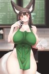  2:3 absurd_res ahri_(lol) animal_humanoid apron apron_only big_breasts black_hair blush breasts canid canid_humanoid canine canine_humanoid clothing coffee_shop eyebrow_through_hair eyebrows facial_markings female fox_humanoid glass green_apron hair head_markings hi_res holding_glass holding_object holding_pen humanoid i_mean_breast_milk inner_ear_fluff league_of_legends looking_at_viewer mammal mammal_humanoid markings meme mostly_nude pen riot_games solo thick_thighs translucent translucent_hair tuft video_games yabby 
