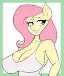  alternate_version_at_source anthro anthrofied areola areola_slip big_breasts blue_eyes border breasts bust_portrait cleavage clothed clothing equid equine eyebrows female fluttershy_(mlp) friendship_is_magic green_border hair hasbro hi_res horse huge_breasts long_hair mammal my_little_pony nipple_outline pink_hair pony portrait shirt simple_background sleepyscientist smile solo tank_top topwear white_background yellow_body 