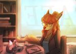  2018 amulet anthro bookshelf bottle canid canine duo eyewear female fox furniture glasses hair inside mammal mewmus micro sitting size_difference smile table window 