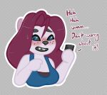  2020 anthro black_nose black_sclera blue_eyes blush clothing felid female freckles hair holding_object holding_phone mammal mewmus open_mouth phone red_hair rose_pantilion shirt simple_background solo tank_top topwear white_body 