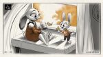  16:9 2021 anthro autumn clothed clothing container cup curtains disney duo fully_clothed fur hi_res holding_cup holding_object inktober inktober_2021 judy_hopps lagomorph leaf leporid light lighting mammal open_mouth open_smile qalcove rabbit shaded sitting smile standing widescreen window zootopia 