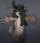  2021 5_fingers anthro antlers black_eyes black_sclera cervid fingers genitals ghost green_hair hair hi_res horn looking_at_viewer male mammal nipples nude penis petrovolt sharp_teeth simple_background solo spirit teeth text 