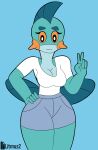  anthro anthrofied big_breasts bottomwear breasts brook_(sturk-fontaine) cleavage clothed clothing female fin gesture hand_on_hip hi_res litmus2 long_legs marshtomp nintendo pok&eacute;mon pok&eacute;mon_(species) pok&eacute;morph shirt shorts solo t-shirt topwear v_sign video_games wide_hips 
