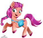  alpha_channel badge bag blue_eyes braided_hair braided_ponytail cutie_mark equid equine female hair hasbro hi_res hooves horse looking_at_viewer mammal messenger_bag mlp_g5 my_little_pony open_mouth open_smile pony ponytail purple_eyes smile solo sunny_starscout_(mlp) text the-butcher-x url 