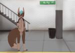  2018 absurd_res anthro breasts brown_body brown_fur canid canine canis conditional_dnp detailed_background digital_media_(artwork) domestic_dog earbuds elijah-draws female fur genitals gloves_(marking) green_nipples green_pussy headphones hi_res holding_object leg_markings mammal markings navel nipples nude public public_nudity pussy riley_(elijah-draws) smile socks_(marking) solo stairs standing toeless_(marking) white_body white_fur 