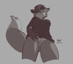  2021 5_fingers anthro bottomless breasts canid canine clothed clothing female fingers fox genitals grey_background hair honey_(mewmus) looking_at_viewer low-angle_view mammal mewmus presenting pussy shirt simple_background smile solo topwear worm&#039;s-eye_view 