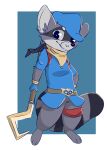  2018 3_toes anthro barefoot black_nose blue_background blue_clothing blue_topwear border clothed clothing conditional_dnp digital_media_(artwork) elijah-draws feet fur grey_body grey_fur hat headgear headwear hi_res holding_object male mammal procyonid raccoon simple_background sly_cooper sly_cooper_(series) smile solo sony_corporation sony_interactive_entertainment standing sucker_punch_productions toes topwear video_games white_border 