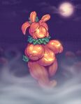  anthro big_breasts breasts elemental_creature female flora_fauna food fruit halloween hi_res holding_breast holidays huge_breasts jack-o&#039;-lantern keffotin lagomorph leporid mammal plant pumpkin pumpkin_belly pumpkin_boobs pumpkin_head pumpkin_patch rabbit smile soleil_(keffotin) solo 