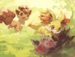  2014 ambiguous_gender canid canine daww ear_tuft feet fennekin feral field fluffy fluffy_tail fur grass green_eyes grey_body grey_fur group hair mammal multi_tail nintendo open_mouth open_smile orange_body orange_eyes orange_fur painting_(artwork) plant playing pok&eacute;mon pok&eacute;mon_(species) red_body red_fur red_hair smile snout stomachless toes traditional_media_(artwork) tuft video_games vulpix young zorua 