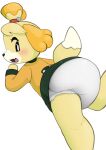  accessory animal_crossing anthro bell blush bottomwear canid canine canis clothing diaper domestic_dog female hair_accessory hair_tie hi_res isabelle_(animal_crossing) looking_down mammal nintendo nyanyakotarou open_mouth raised_hand skirt solo teeth tongue video_games white_diaper 